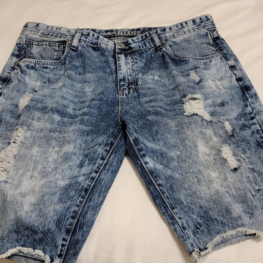 Men's Carbon Acid Washed Denium Shorts 38x11 Ripped Destroyed Raw Hem